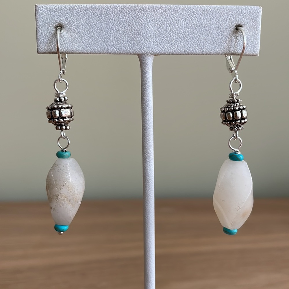 HAND CRAFTED EARRINGS White Milky Quartz Twisted Oblong Beads Turquoise Rondelle - Picture 5 of 10